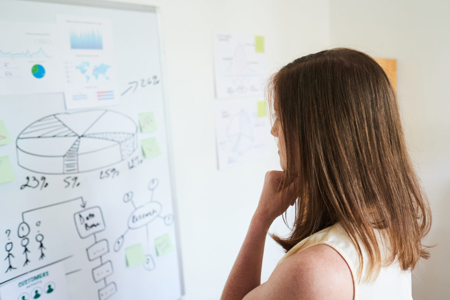 a woman looking at a whiteboard