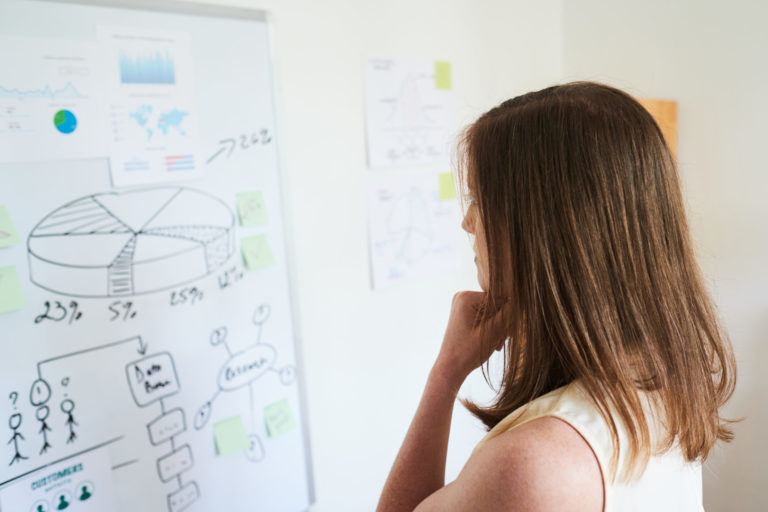 a woman looking at a whiteboard
