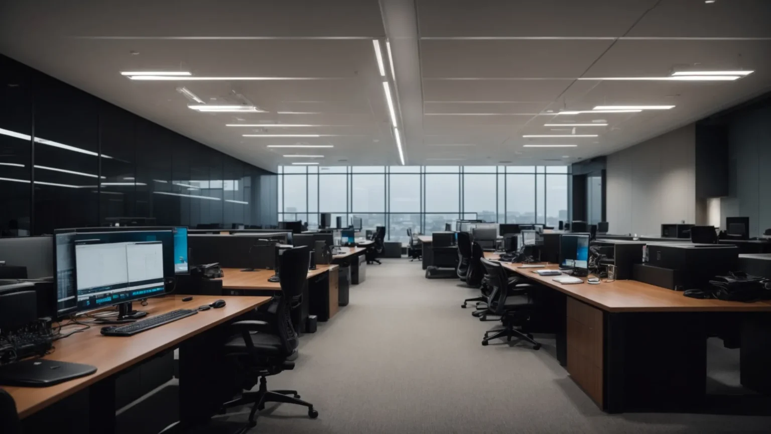 a sleek, modern office filled with advanced computer systems and technology.