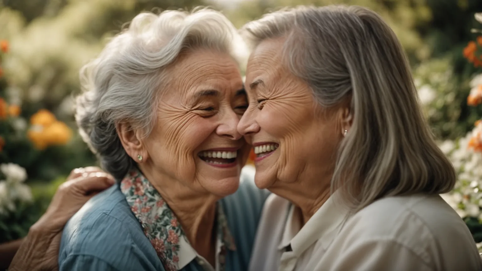 a senior citizen and a caregiver share a joyful moment in a serene garden of a memory care facility.