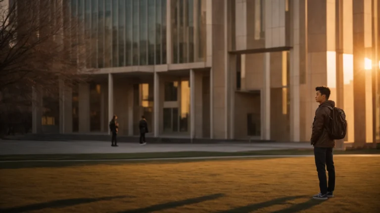 a student stands before a row of iconic university buildings at sunset, pondering which to choose.