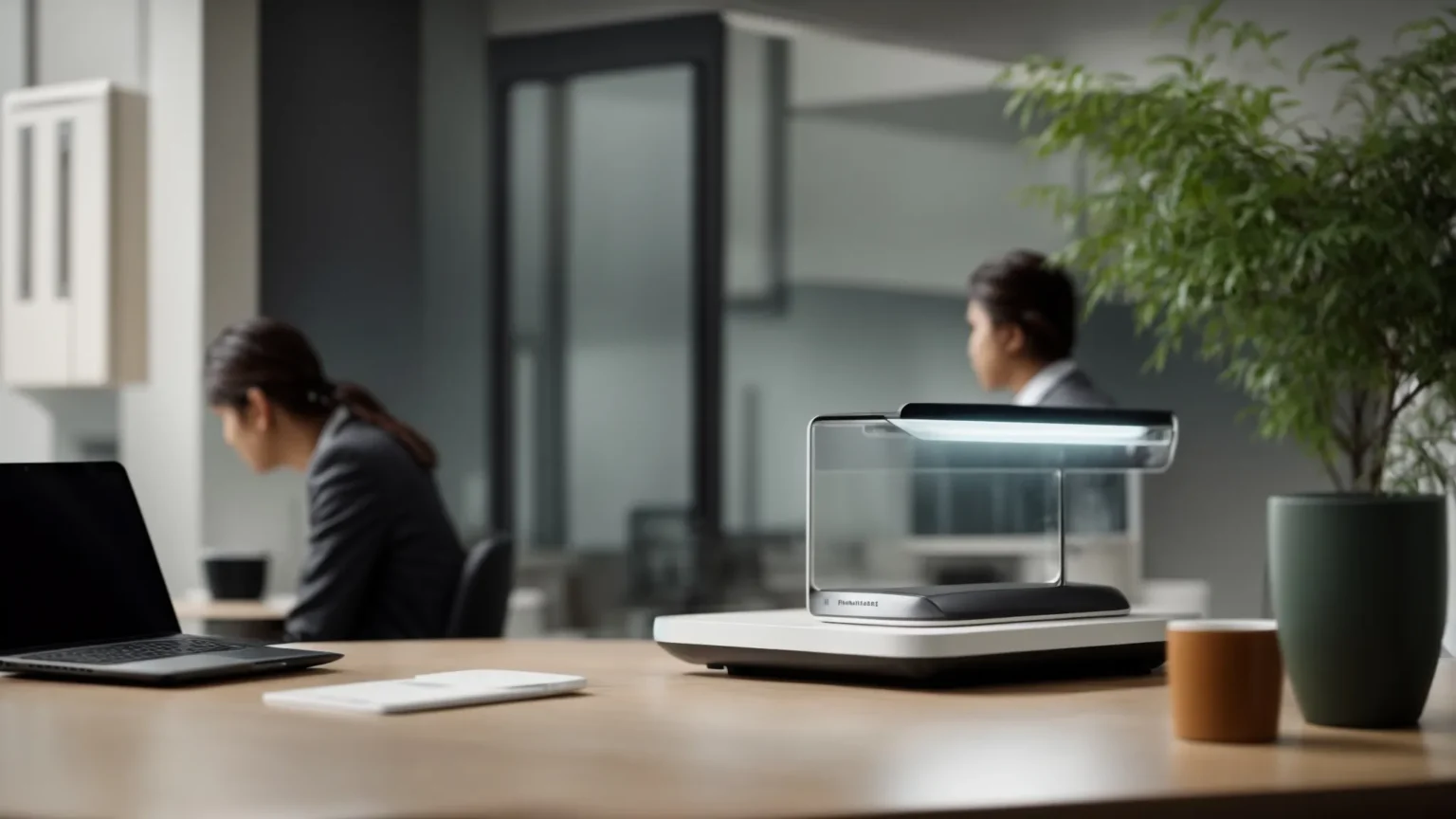 a person in an office setting marvels at a sleek, modern pepwave router placed on a table, signifying a leap in mobile network connectivity.