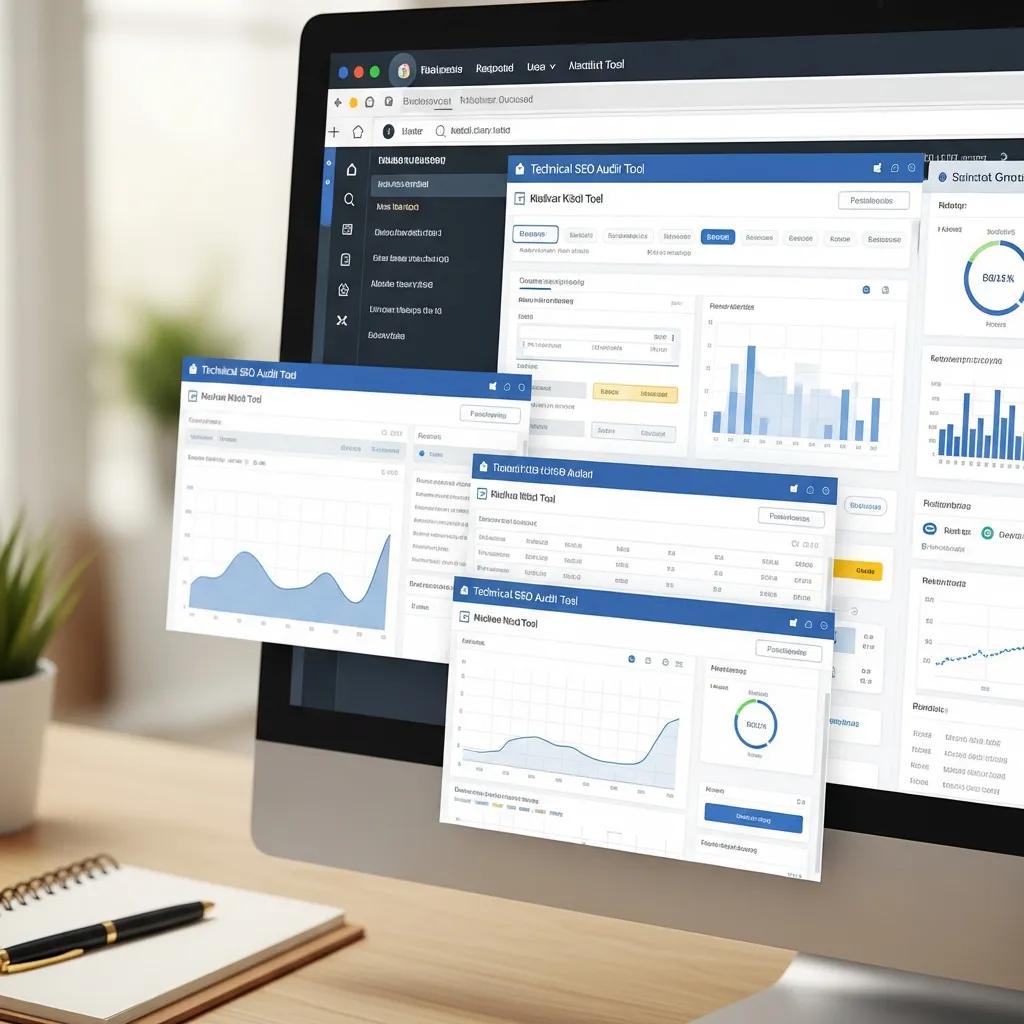 Close-up of technical SEO audit tools on a computer screen in a professional workspace