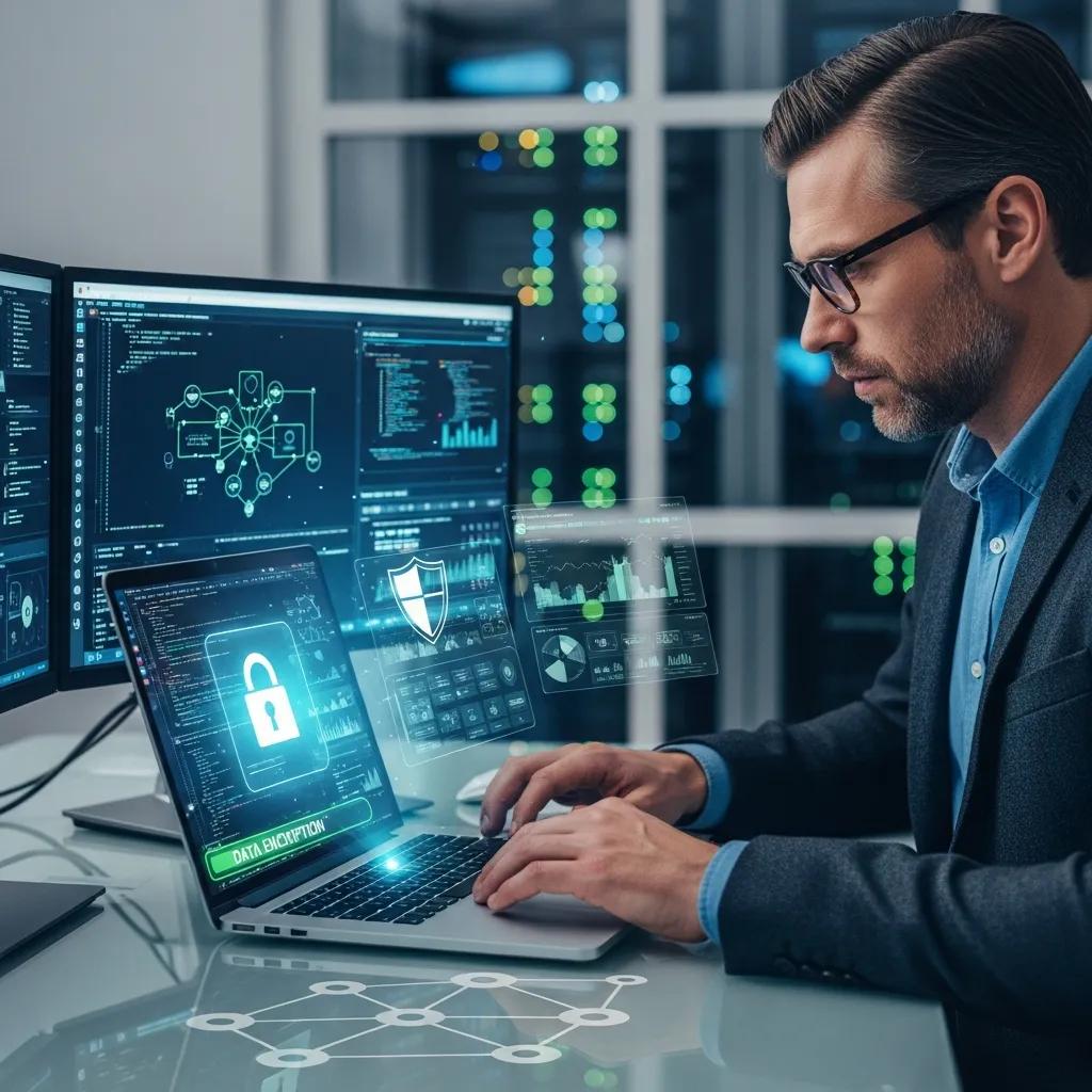 Cybersecurity expert reviewing website security measures on a laptop