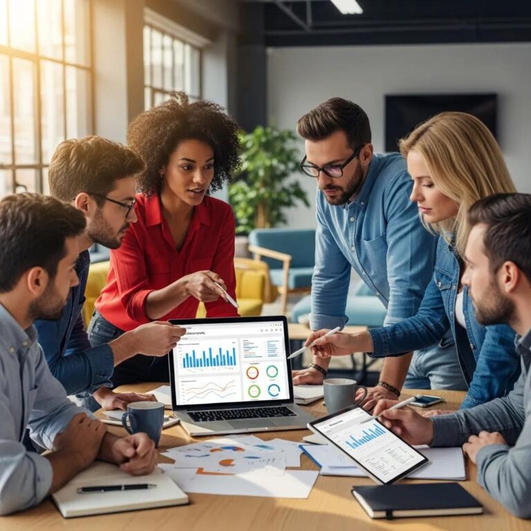 Diverse professionals collaborating on website audit strategies in a modern office