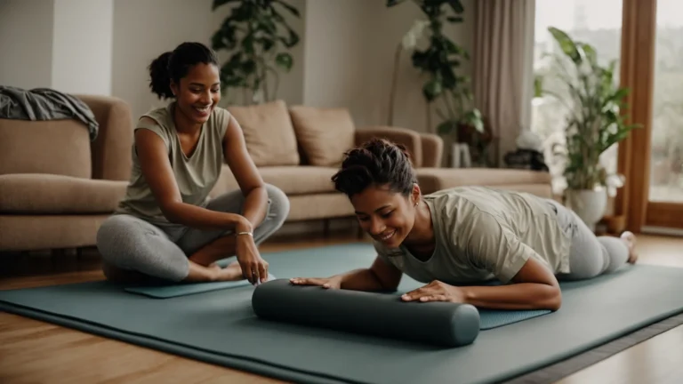 a person is smiling while a physical therapist assists them with exercises on a mat in a cozy living room.