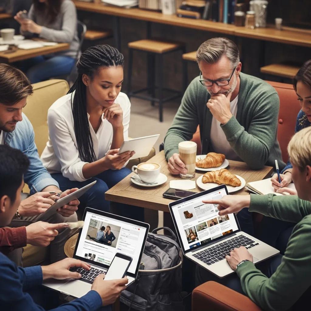 Diverse individuals engaging with a website on multiple devices in a cozy café, emphasizing customer behavior analytics