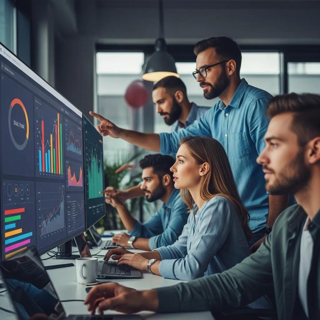 Marketing team monitoring real-time analytics in a modern workspace, showcasing the benefits of immediate decision-making