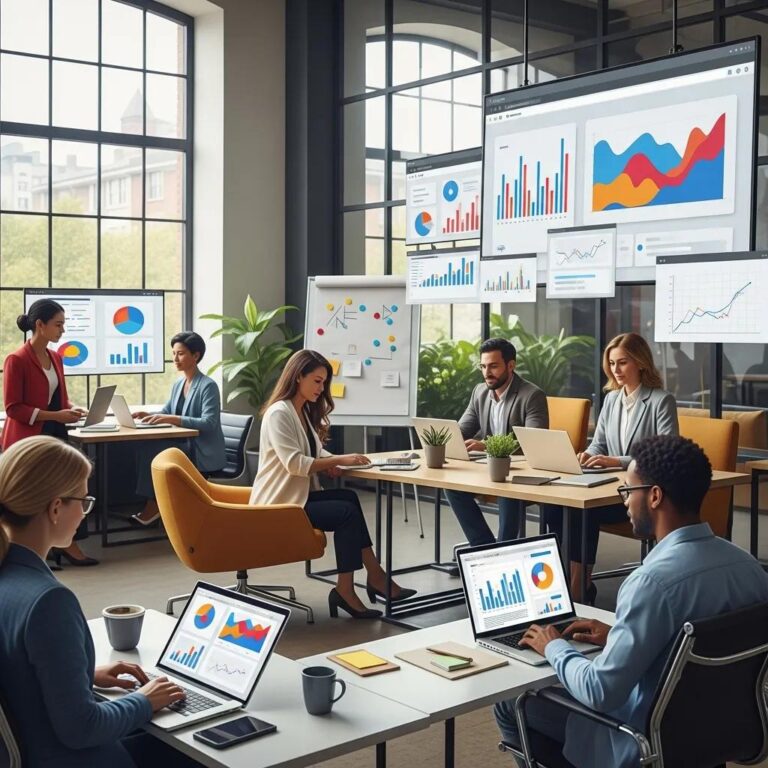 Professionals collaborating in a modern office, analyzing web analytics data to drive business growth