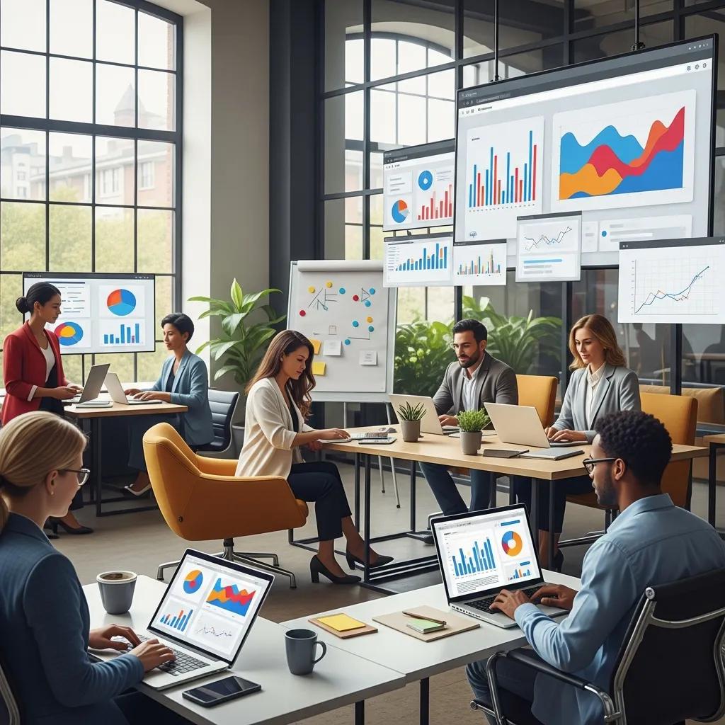 Professionals collaborating in a modern office, analyzing web analytics data to drive business growth